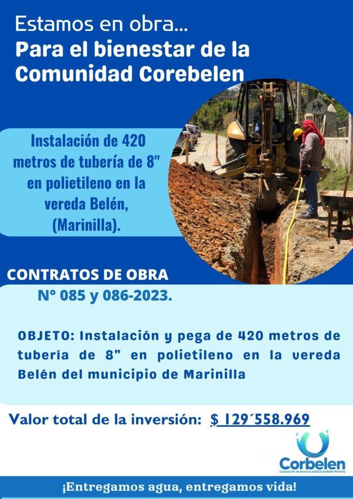 Instalación de 420 metros de tubería de 8" en polietileno en la vereda Belén , Marinilla